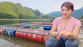 The girl transported construction materials to the lake completing the floor floating on the water.