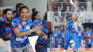 Kanchi Kaul wife of Shabir Ahluwalia celebrates at the dugout during the match vs Bengal Tigers