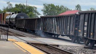 Smoking Railcar Axle BNSF Manifest Train Through La Plata MO w Handbrake Accidentally Left on