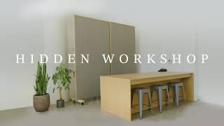 DIY Workshop with a Hidden Pegboard Whiteboard and Tools