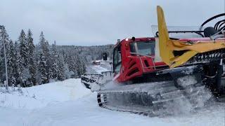 8 hours of pushing and grooming snow compressed Pistenbully 600 Park working slope for opening