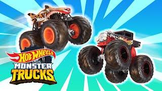 Tiger Shark vs. Bone Shaker  Road to Monster Trucks Camp Crush  Hot Wheels