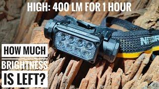 Nitecore HC65 UHE High 400 lm for 1 hour.  How much brightness is left? เปิด High 400 ลูเมน 1ชม.