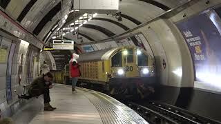 London Underground Battery Locomotives L20 and L51 passing Bank