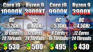 Core i9 10900K @5.2GHz vs Ryzen 9 3900XT @4.7GHz vs Core i9 9900K @5.1GHZ vs Ryzen 9 3900X @4.5GHz