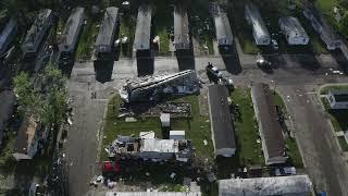 Drone footage of tornados destructive path at Pavilion Estates mobile home park
