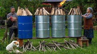 Making Barbecue Charcoal in Iron Barrels and Cooking Lamb Skewers
