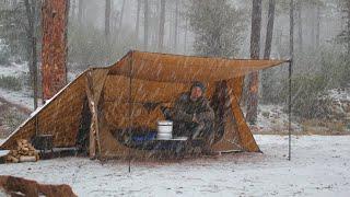 Solo Hot Tent Winter Camping in Snow Storm Wood Stove  ASMR