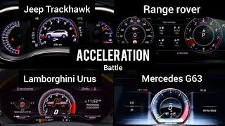 Lamborghini Urus Vs Mercedes G63 Vs Jeep Cherokee Trackhawk Vs Range rover sport acceleration battle