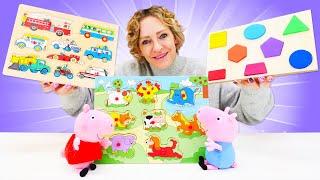 Çocuk oyunları. Puzzle ayırma oyunu.  Peppa Pig ve George yapboz ile oynuyorlar