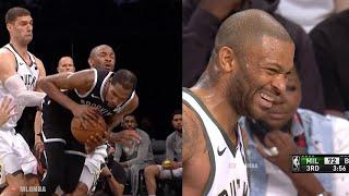 PJ Tucker getting heckled by KDs mom and tells her I love you.  Nets vs Bucks Game 7