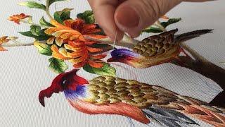 Hand Embroidery Art Couple Peacocks and Chrysanthemum Flowers