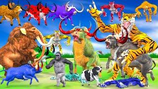 10 Big Bull Vs 10 Zombie Wolf Tiger Attack Cow Buffalo Gorilla Saved By Woolly Mammoth Elephant Wolf
