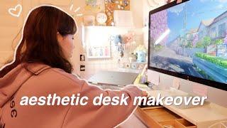 AESTHETIC DESK MAKEOVER cute & cozy desk setup for productivity work from home