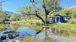 FAMILY CAMPING IN VALLEY BY THE STREAM WITH TAILGATE TENT  NAPIER SPORTZ 84000 SUV CAR CAMPING