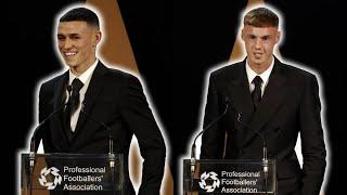 Phil Foden and Cole Palmer react to PFA player and young player of the year awards 