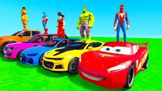 SPIDERMAN McQueen Ramp Challenge JUMP  SUPERHERO HULK IronMan Goku Mack Truck Disney Cars 3 - GTA V