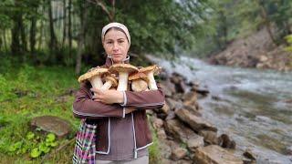 THE WOMAN LIVES ALONE IN THE MOUNTAINS COOKING FOREST MUSHROOMS