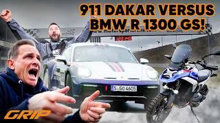 Auto vs. Motorrad Porsche 911 Dakar mit 480 PS  der brandneuen BMW R 1300 GS mit 145 PS I GRIP