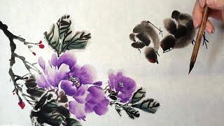 Peonies and Chicks – Chinese ink wash painting