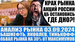 АНАЛИЗ РЫНКА 03.09  КРАХ РЫНКА АКЦИЙ РОССИИ ОБВАЛ НА 30%  ГДЕ ДНО?  БАШНЕФТЬ ТИНЬКОФФ ЯКОВЛЕВ