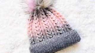 Easy fern stitch knit hat for adults in the round with foldable brim - Knitting for Baby Patterns