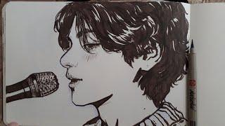  Real Time  Kim Taehyung Brush Pen Drawing  draw with me