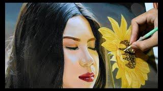 Oil Painting Technique how to paint face hair dress sunflower and bokeh effect