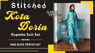 Stitched Kota Doria Dupatta Suit Set  New hand block printed suits collection  #salwarsuit #suit