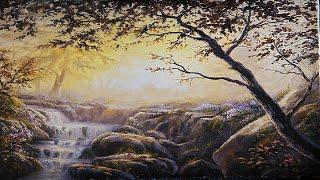 Golden Waterfall Forest  Landscape Painting - Paint with Kevin®