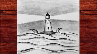 Deniz Feneri Kolay Karakalem Manzara Resmi Çizimi - Yeni Başlayanlar İçin Karakalem Çizimleri 2021