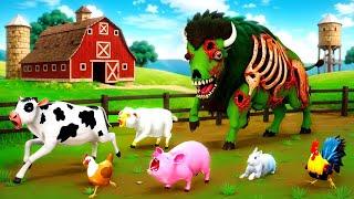Zombie Bison Attacks Farm Animals - Zombie Farm Diorama  Cow Pig Rabbit Sheep Hen Rooster Animals