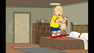 caillou plays rock n roll on his dads bedgrounded