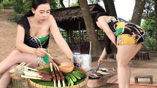 Yumi Daily Life  Yumi Cooking Pork rolling Sugarcane  Nuen Daily Life