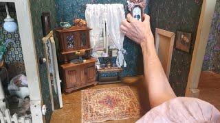 Furnishing an antique two-room dolls house with veranda built around 1910