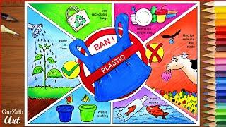 How to draw stop plastic pollution drawing  poster chart project making ideas - ban plastic