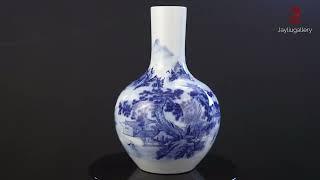 Chinese Works of Art， Rare Treasure Fortune Longevity Blue and White Celestial Vase  Decoration