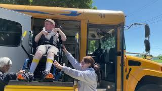 Sam getting off the school bus after summer school 7.1.24 @onthatnote