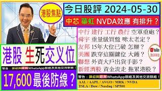 生死交义位 17600最後防線？中芯 華虹 有排升？友邦 大位已破 怎辦聯想 大戶出貨手影？美團 穿這位 大鑊舜宇 有買盤 咪老定四大內銀股 空軍重砲2024-05-30