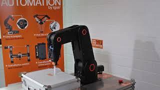 Dispensing adhesive beads in different shapes with a low cost robot.
