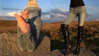 Tight Jeans Over Knee Boots and Bare Feet Walk In Beautiful Fields During Sunset