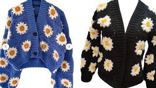 جاكيت كروشيه بوحدة صن فلاور لجميع المقاسات ج١  SUNFLOWER GRANNY SQUARE CROCHET CARDIGAN