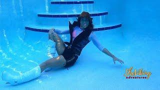 WETLOOK * COWGIRL STYLE  * Wearing High Heels Boots & Cowboy Hat In The Pool  Underwater Experience