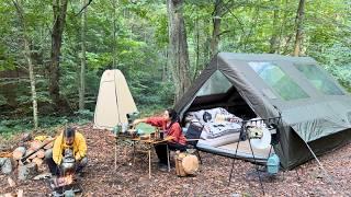 Autumn Camping with Inflatable Tent in Deserted Forest