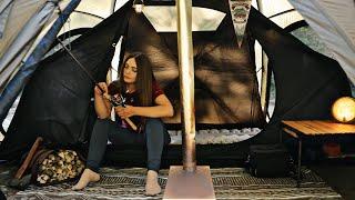 Solo rainy Camping Catch & Cook trout Cozy hot tent adventure  ASMR