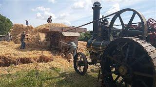 Threshing by steam engine. Hulver farm Suffolk UK 2020. Vintage farming.