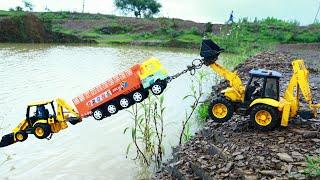 New Tipper Truck Jcb 3dx Xpert Accident Mine River Pulling Out Jcb Gadi ? Cartoon Jcb tractor CS Toy