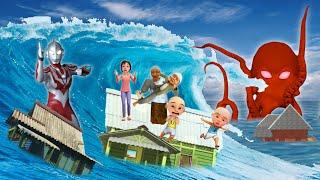 Rumah Upin Ipin Kena Tsunami Besar dan Monster Gurita Untung ada Ultraman Ribut