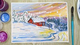 Как нарисовать зиму гуашью. Красивый зимний пейзаж