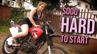 BIKERGIRL RIDES her MOTORBIKE  Hard Kickstart trouble with Honda Dirtbike